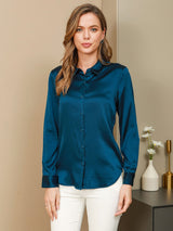 [Azul Real] SilkSilky-ES 19Momme Manga larga Cuello con Solapa Blusas de Mujer 001