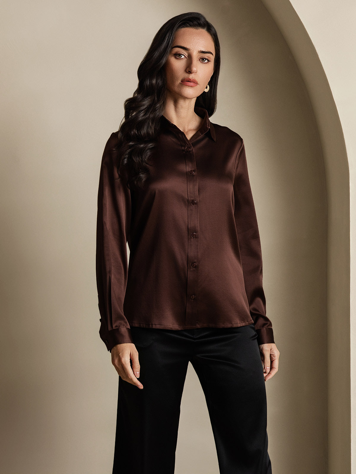 SilkSilky-ES 19Momme Seda Manga larga Cuello Camisero Blusas de Mujer Café 001