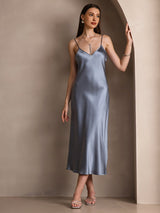 [Azul Grisáceo] SilkSilky-ES Spaghetti Strap V Neck Vestido 001