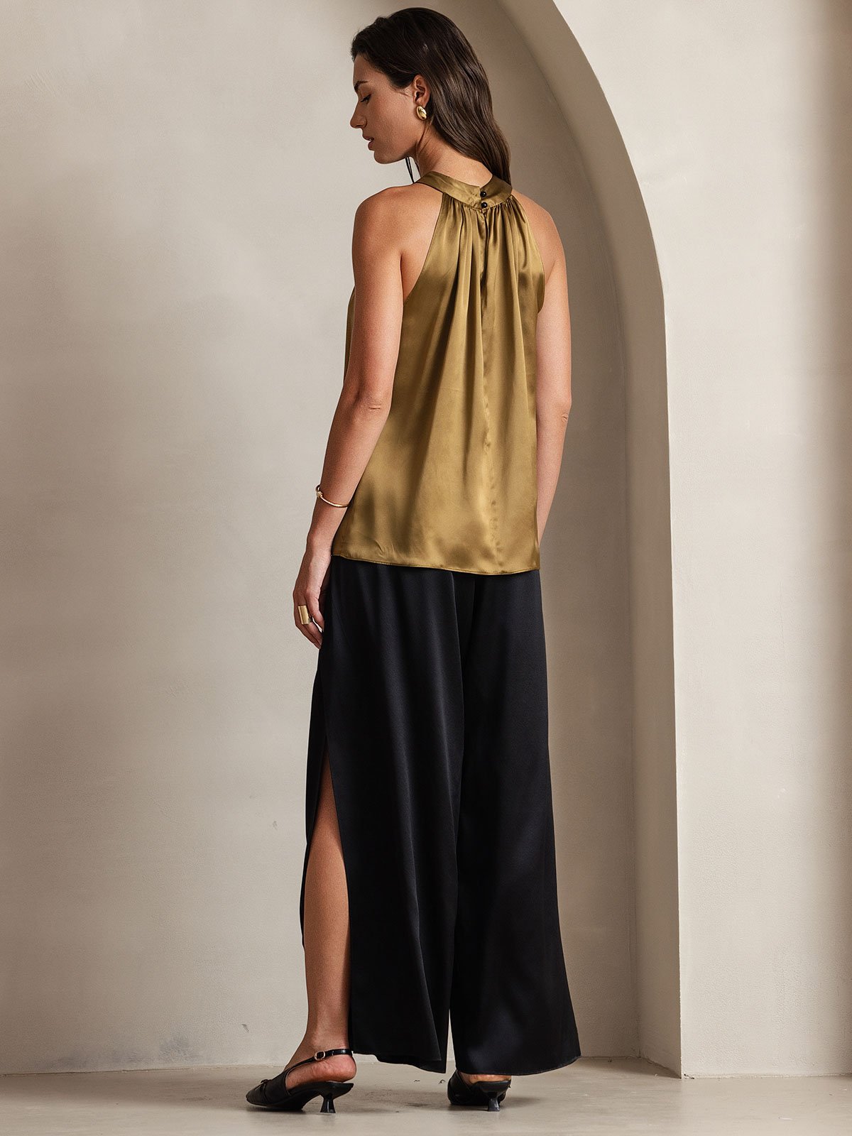 [Marrón] SilkSilky-ES 19Momme Seda Sin mangas Womens T-Shirt 002