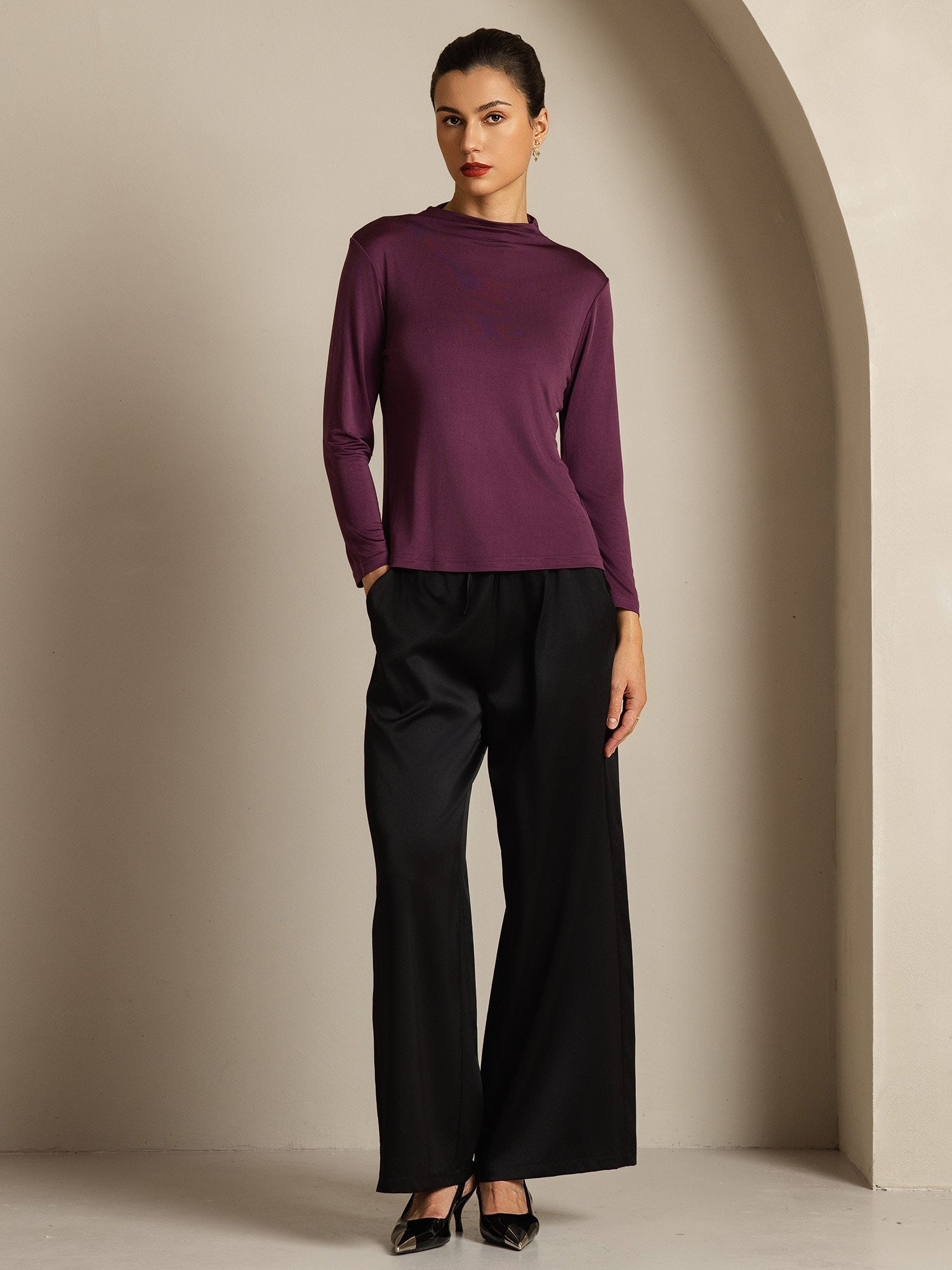 [Púrpura] SilkSilky-ES Seda Pura Womens T-Shirt 008