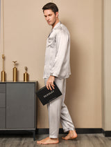 [Gris] SilkSilky-ES Long Sleeve Lapel Collar Pijamas de hombre 003