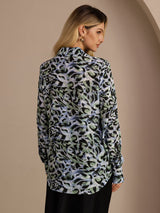 [Leopardo Azul Teal] SilkSilky-ES Long Sleeve Lapel Collar Blusa 002