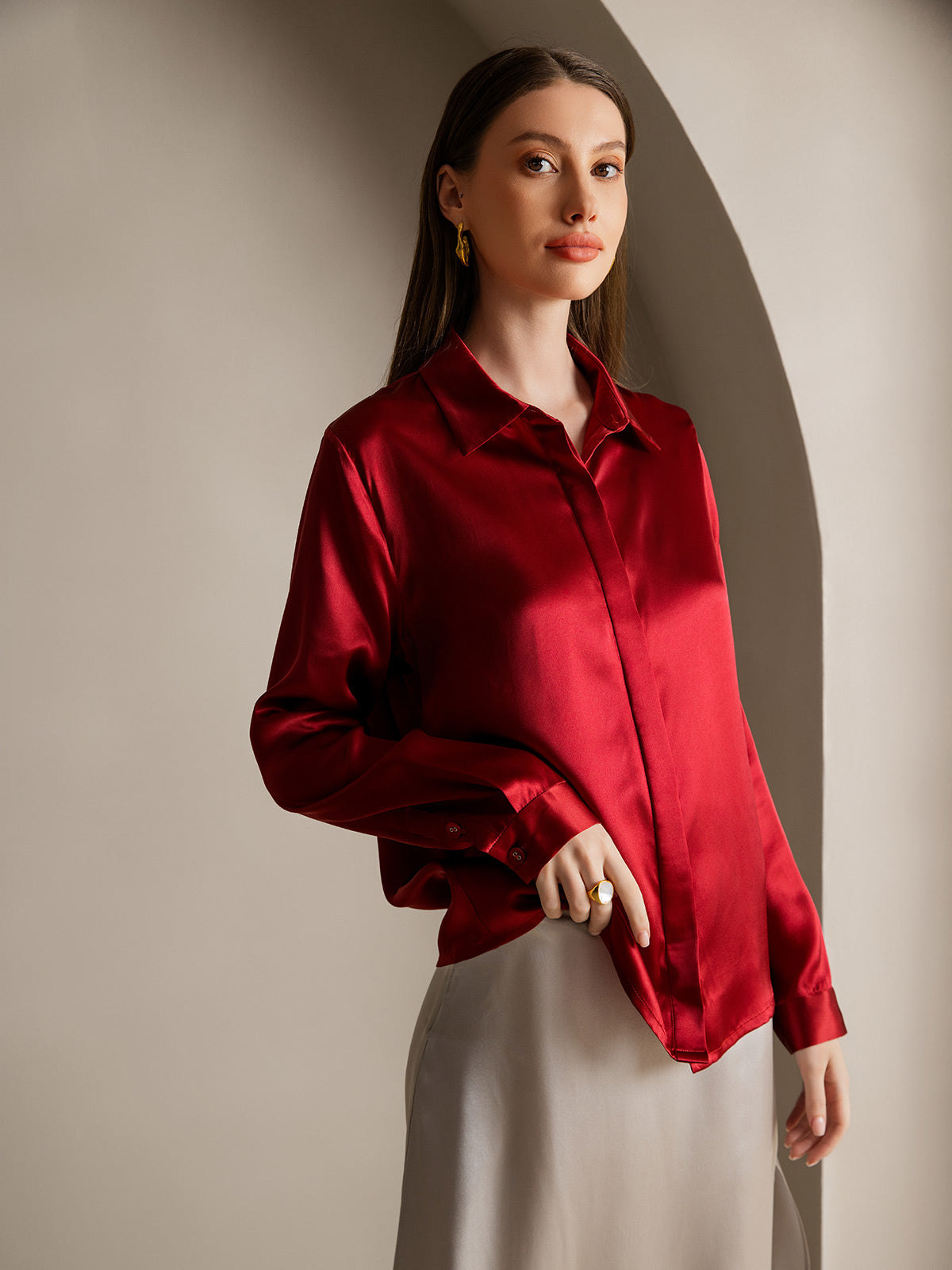 [Vino] SilkSilky-ES 19Momme Seda Lapel Collar Blusas de Mujer 003