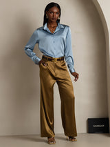 [Azul Grisáceo] SilkSilky-ES Long Sleeve Lapel Collar Blusas de Mujer 007