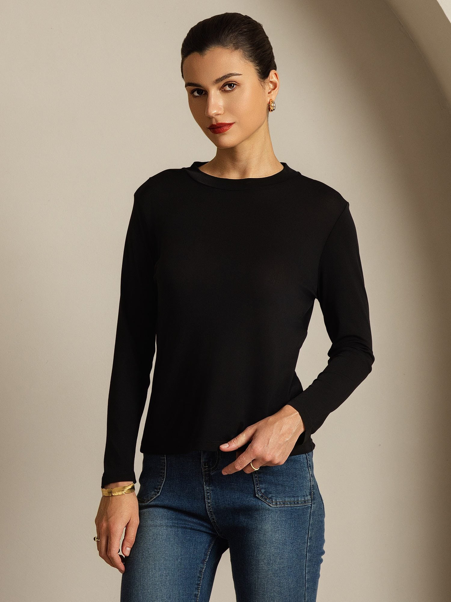 [Negro] SilkSilky-ES Seda Pura Womens T-Shirt 008