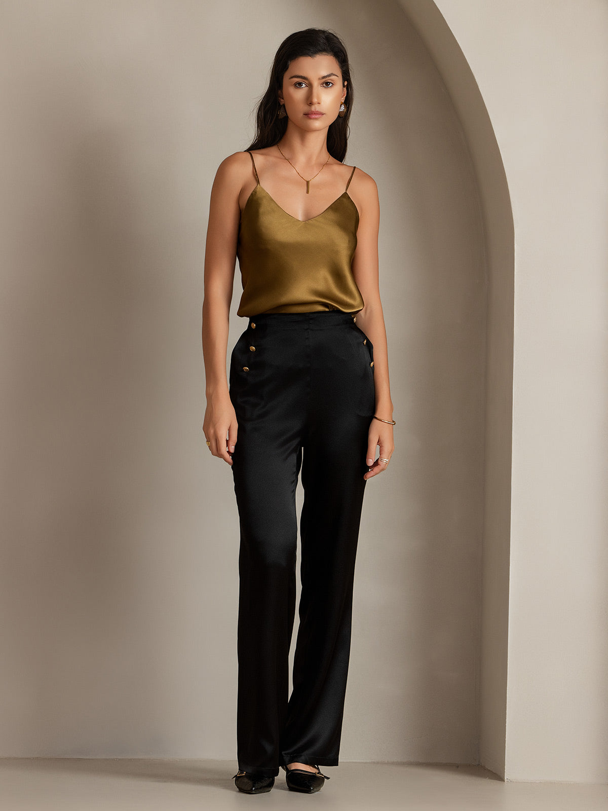 [Negro] SilkSilky-ES 19Momme Seda Womens Pants 005