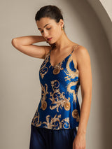[Dragón Navy] SilkSilky-ES Seda Pura Cuello en V Top de tirantes 006,