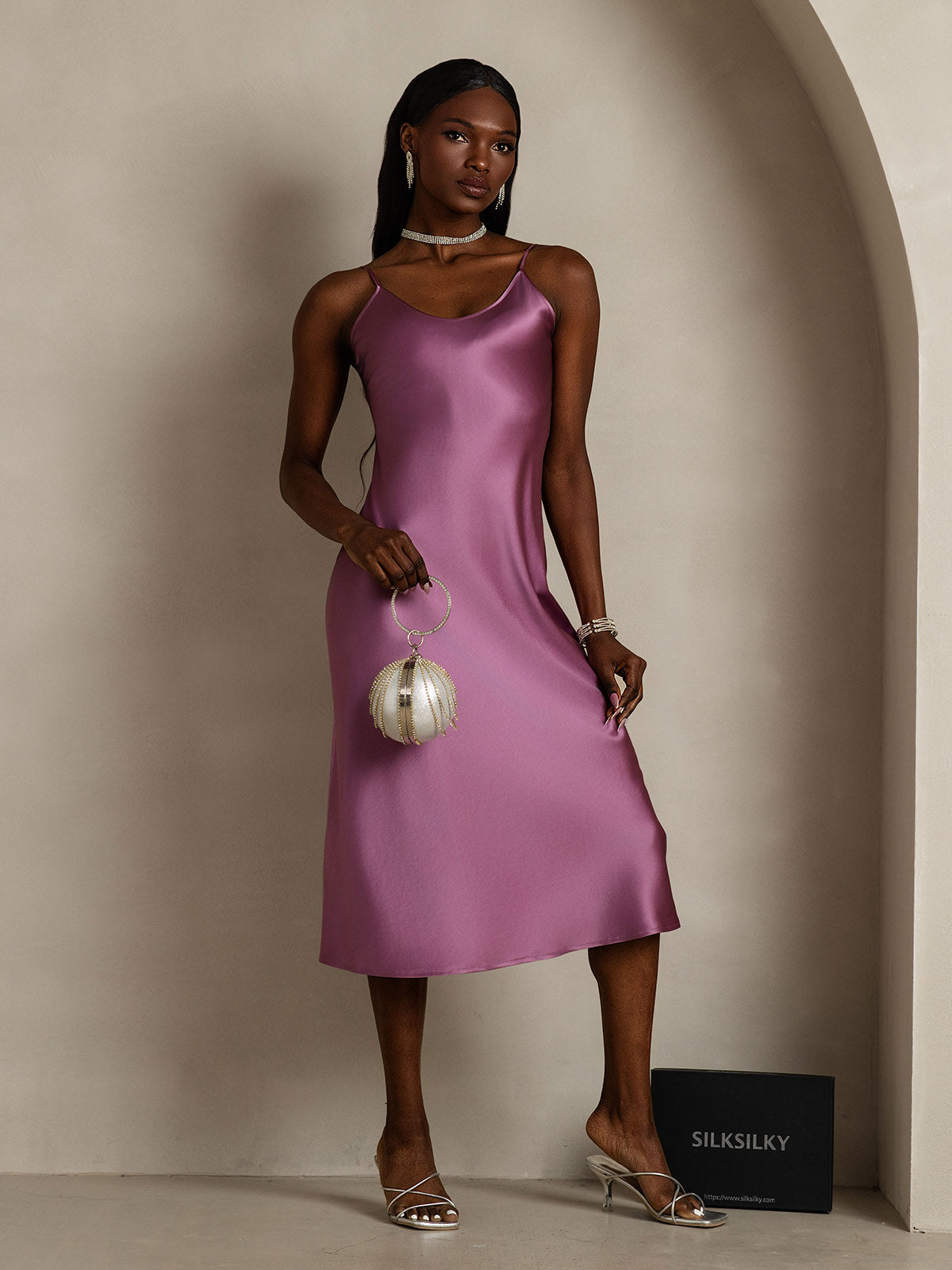 [Morado Oscuro] SilkSilky-ES Seda Pura Dress 005