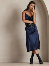 [Azul Oscuro] SilkSilky-ES Spaghetti Strap Cowl Neck Top de tirantes 005