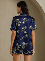 [León Azul Marino] SilkSilky-ES Short Sleeve Notch Collar Pijamas de mujer 002