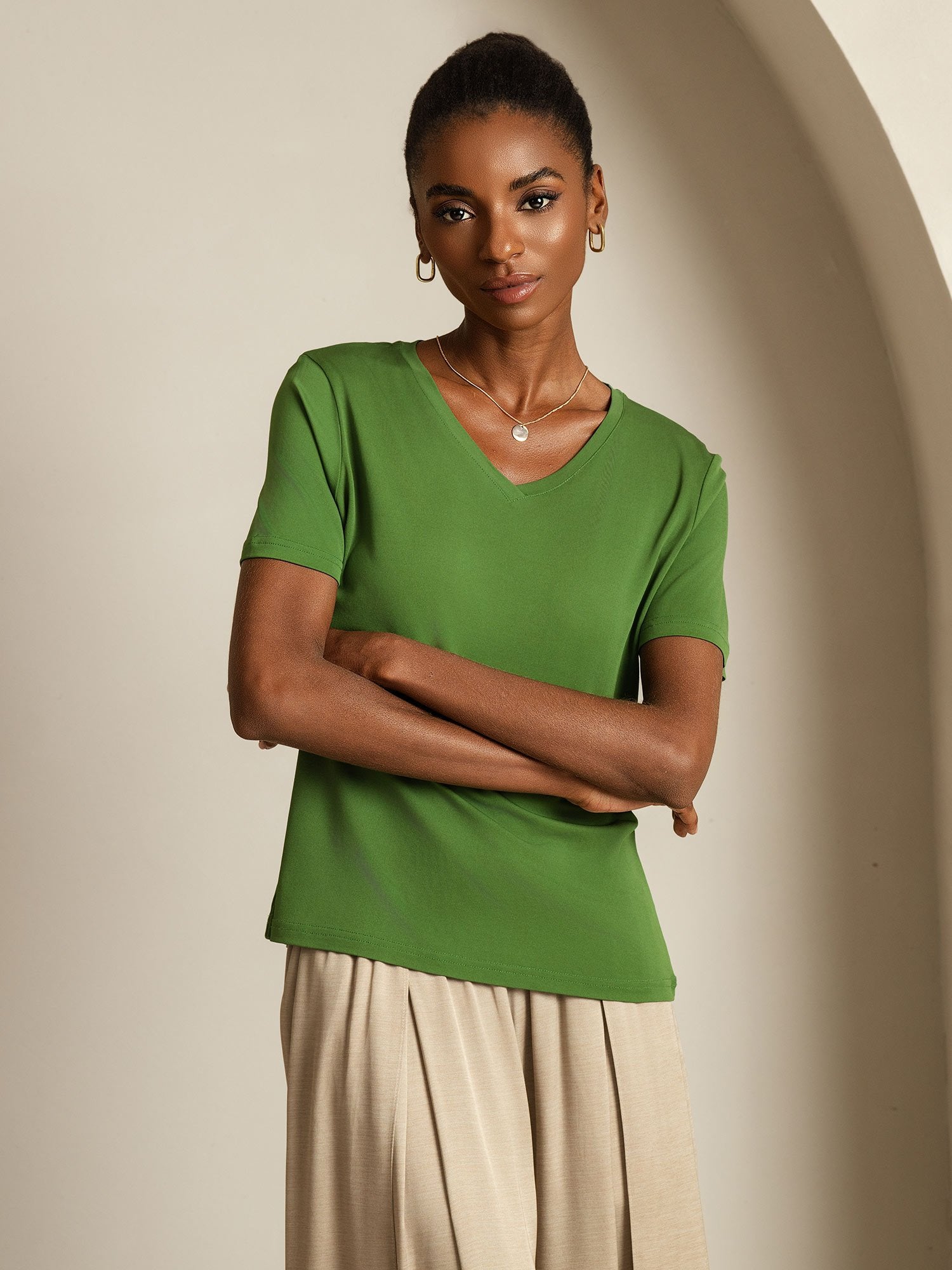 [Verde] SilkSilky-ES Seda Pura Cuello en V Camisetas de Mujer 007