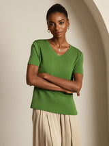 [Verde] SilkSilky-ES Short Sleeve V Neck Camisetas de Mujer 007
