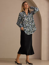 [Leopardo Azul Teal] SilkSilky-ES Long Sleeve Lapel Collar Blusa 006