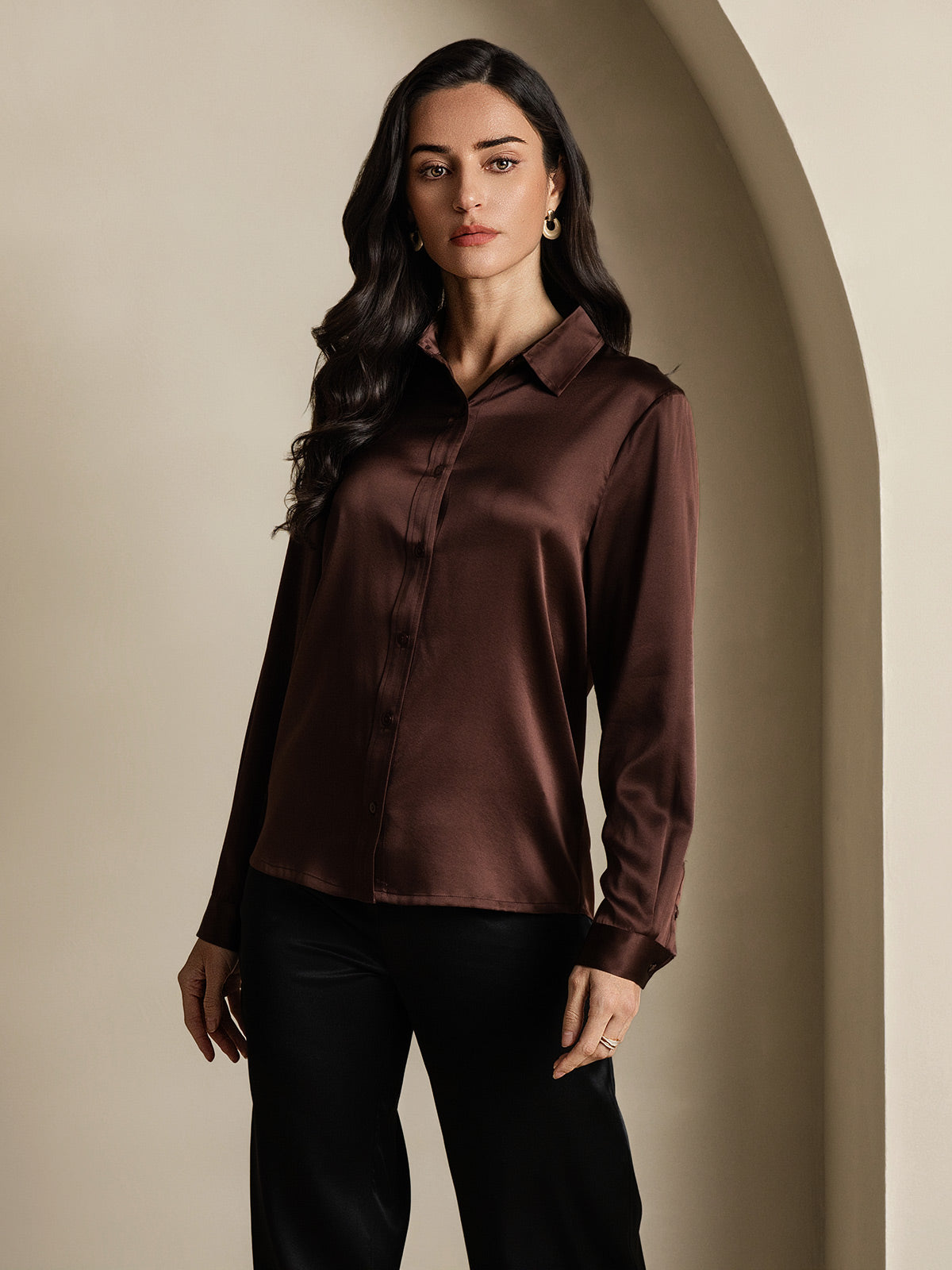 SilkSilky-ES 19Momme Seda Manga larga Cuello Camisero Blusas de Mujer Café 003