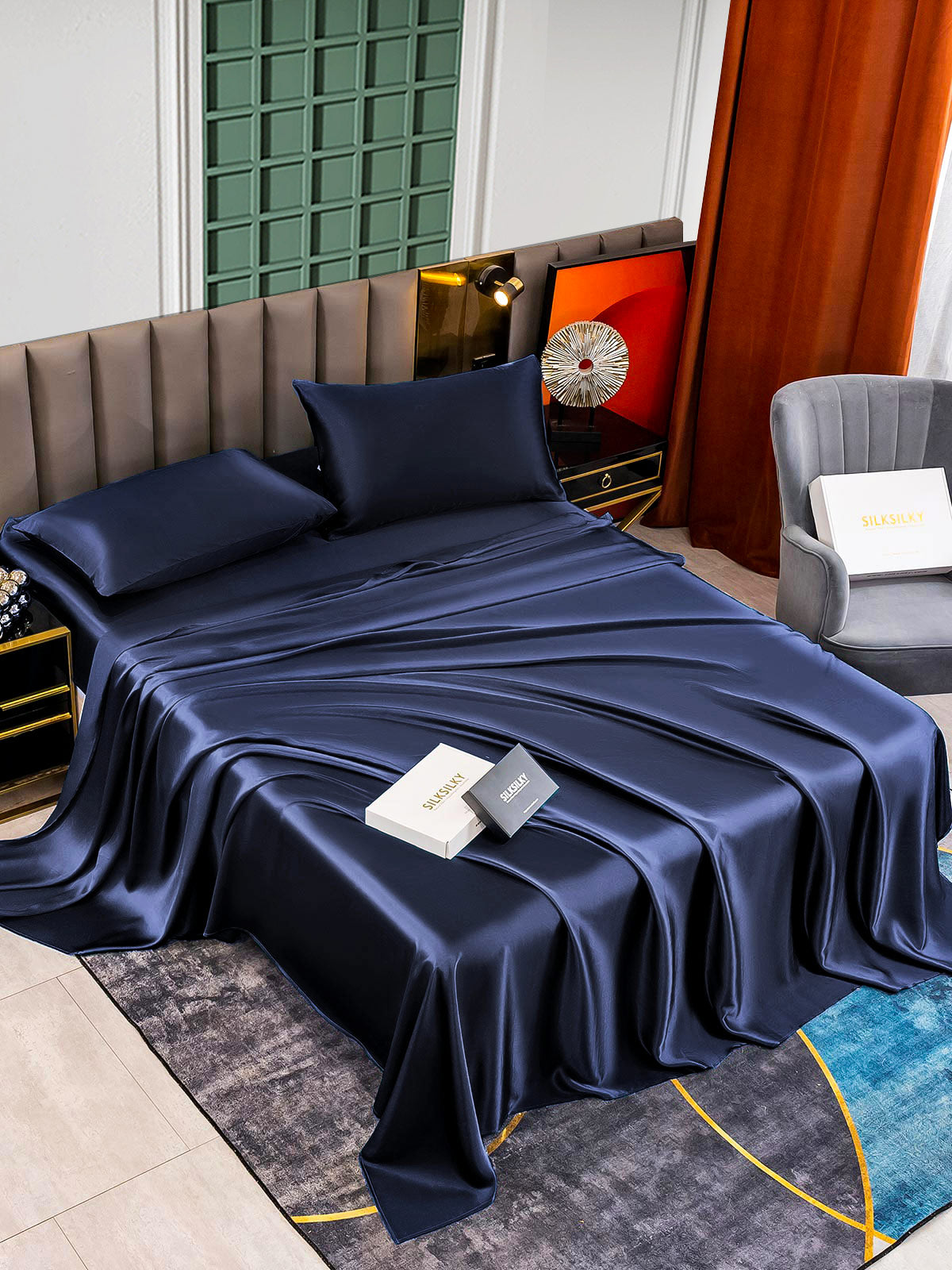 [Azul Oscuro] SilkSilky-ES 25Momme Seda Pura Bedding Set 005