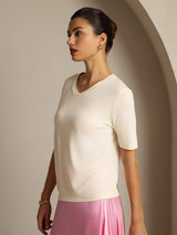 [Beige] SilkSilky-ES Manga corta Cuello en V Camisetas de Mujer 006