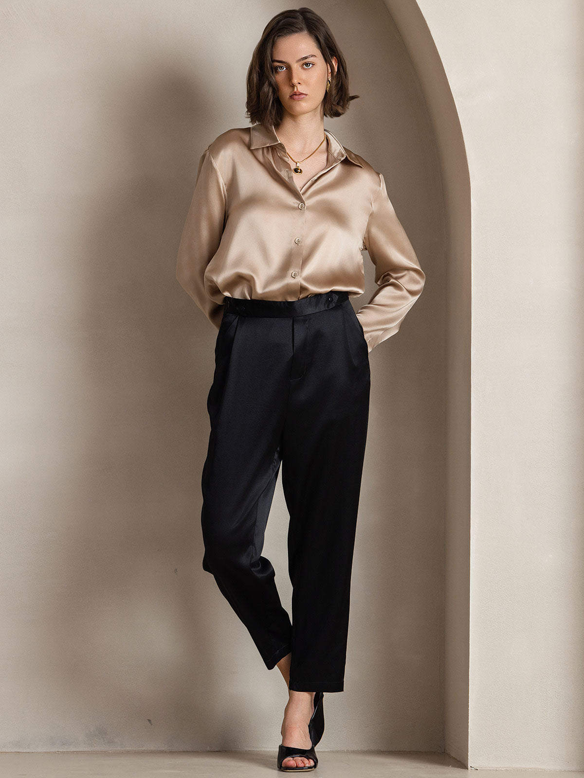 [Champán] SilkSilky-ES Seda Lapel Collar Blusas de Mujer 006