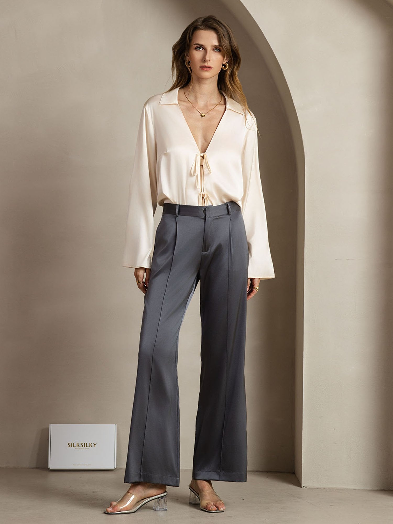 [GrisOscuro] SilkSilky-ES 19Momme Seda Womens Pants 003