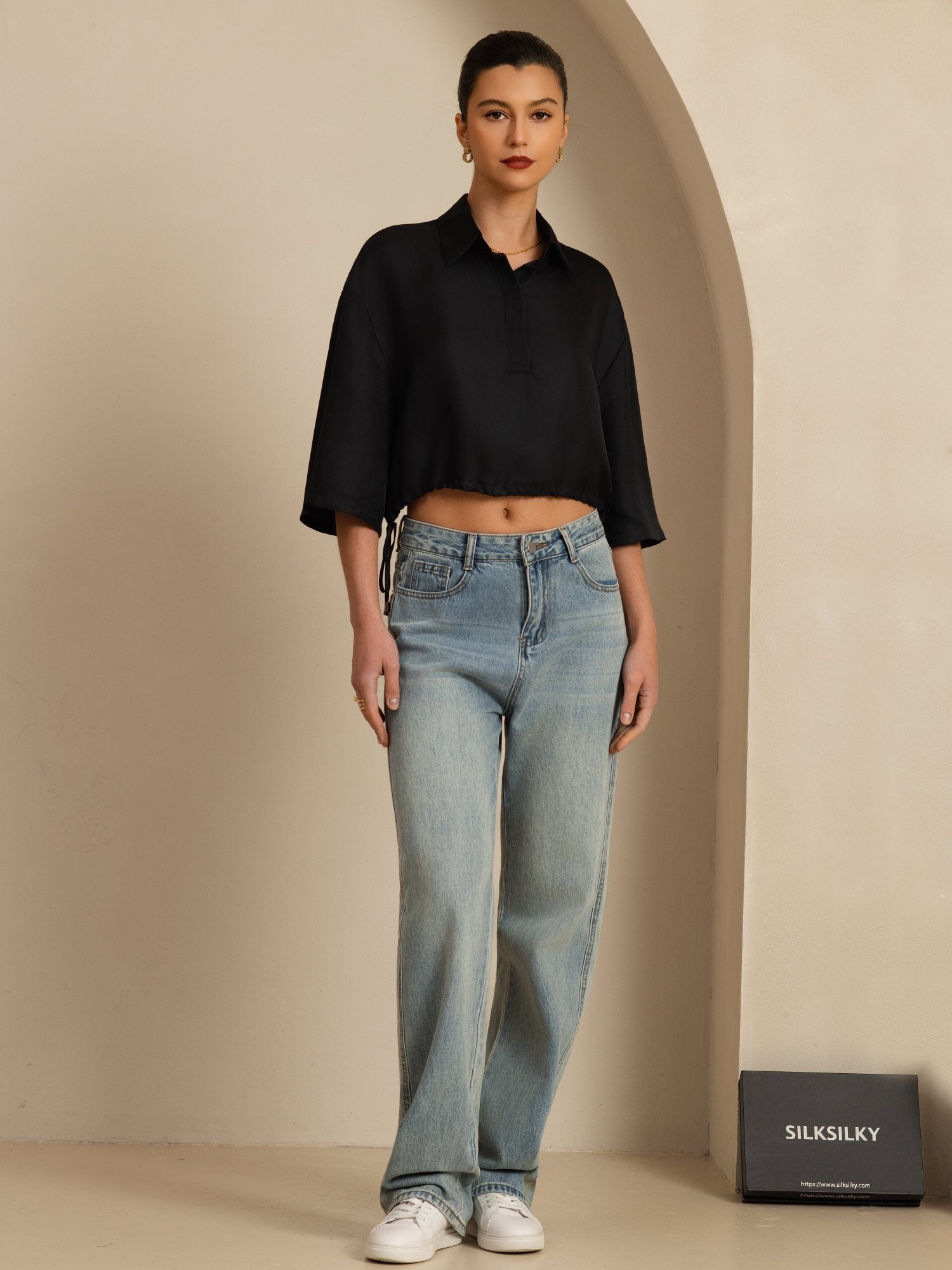 [Negro] SilkSilky-ES 18Momme A metà Cuello con Solapa Blusa 006