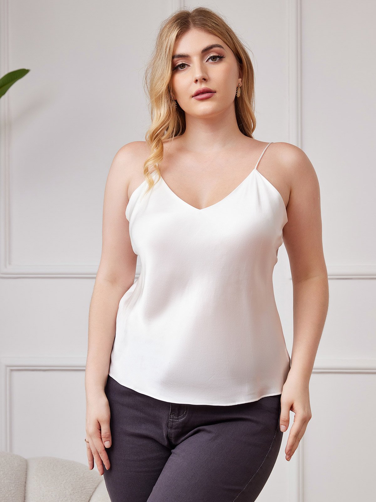 SilkSilky-ES Seda Pura Cuello en V profundo Top de tirantes talla grande Blanco 001