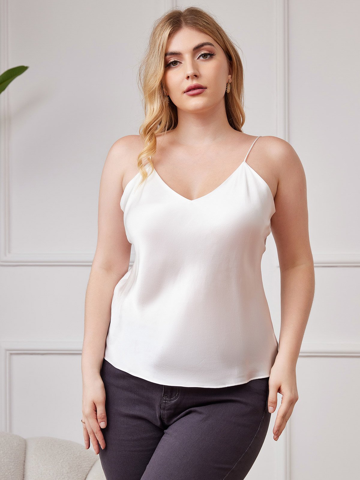 [Blanco] SilkSilky-ES Spalline Sottili Cuello en V Top de tirantes talla grande 001