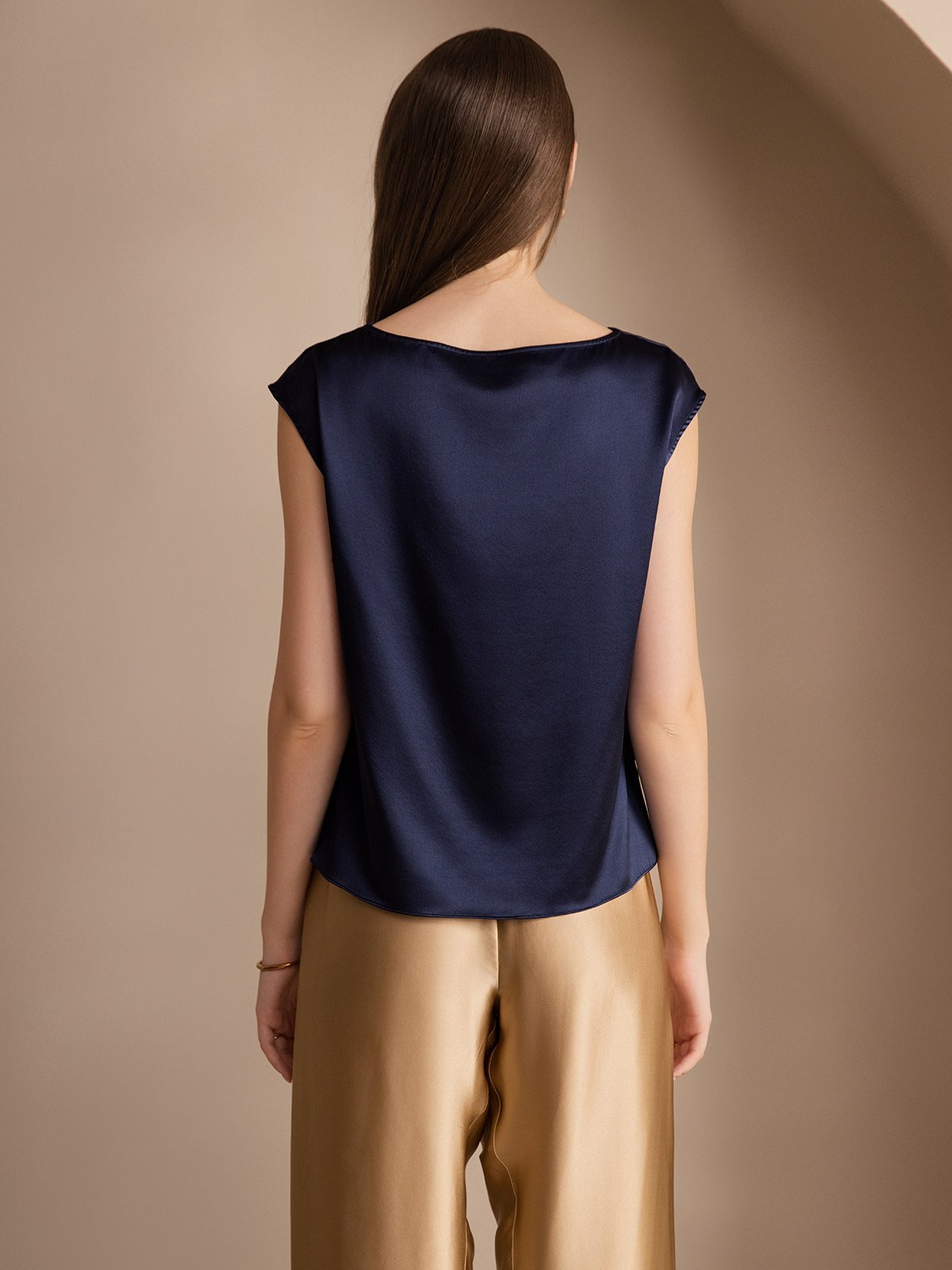 [Azul Oscuro] SilkSilky-ES 19Momme Seda Escote Caído Camisetas de Mujer 002