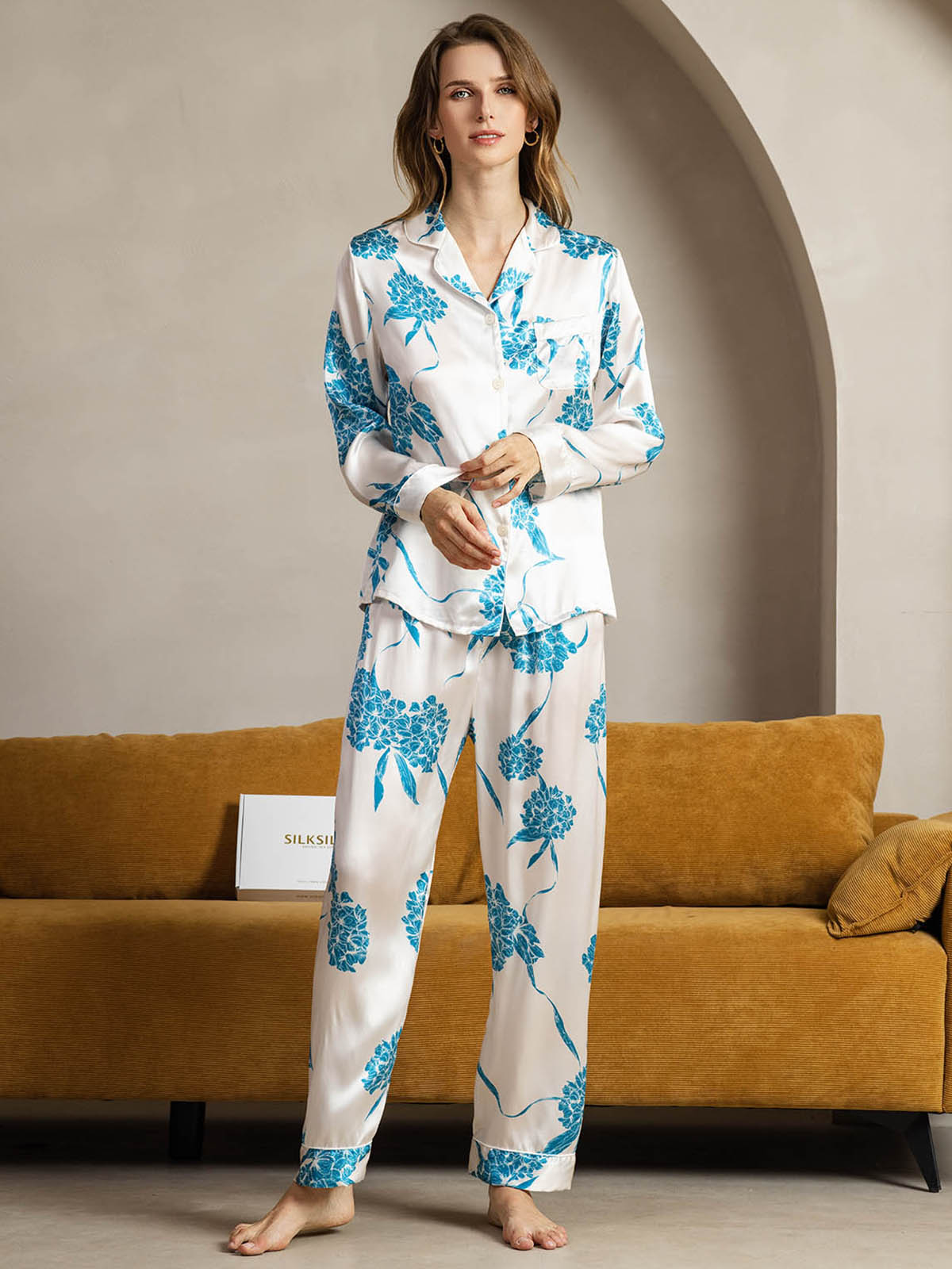 [Floral Azul] SilkSilky-ES Seda Pura Womens Pajamas 004