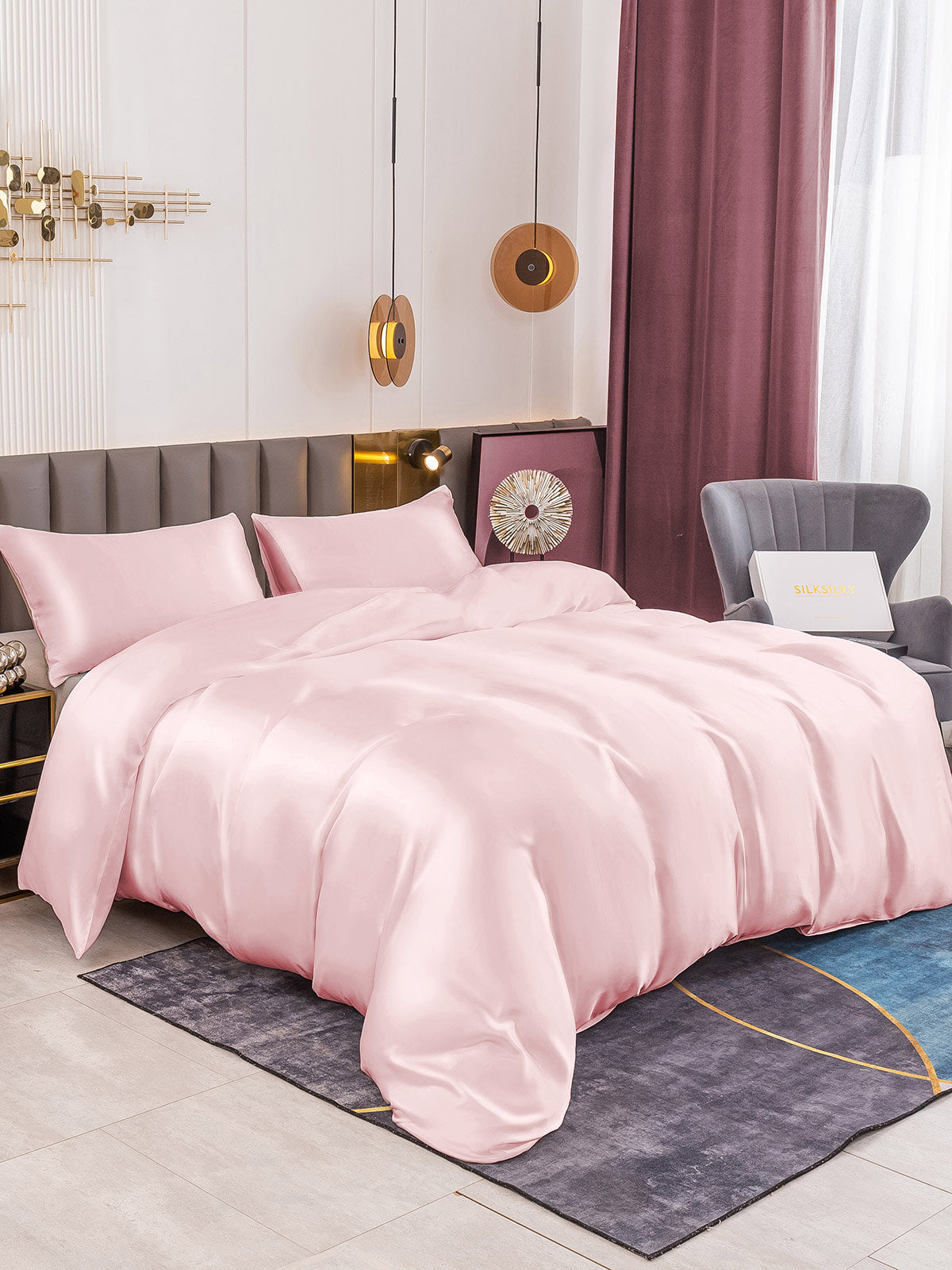 SilkSilky ES 19Momme Seda Pura Bedding Set Rosa 001