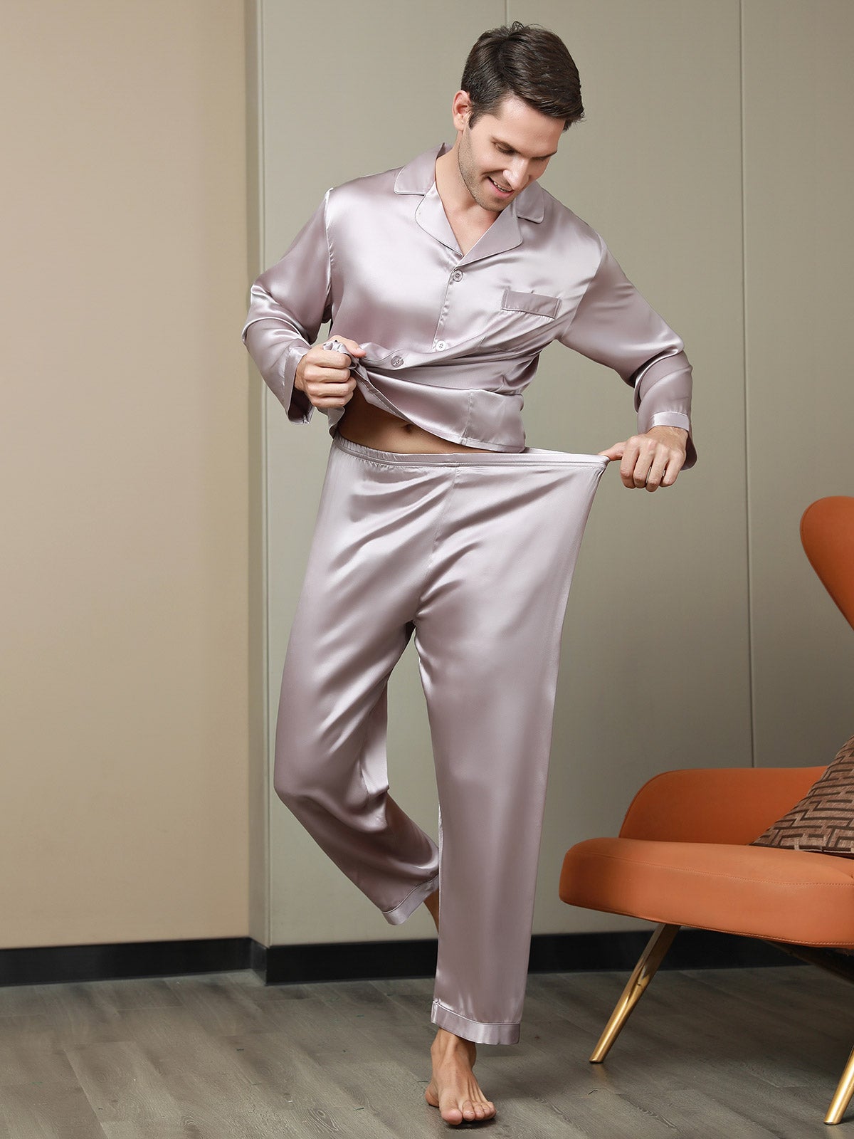 [Malva Pálido] SilkSilky-ES 19Momme Seda Pura Mens Pajamas 007