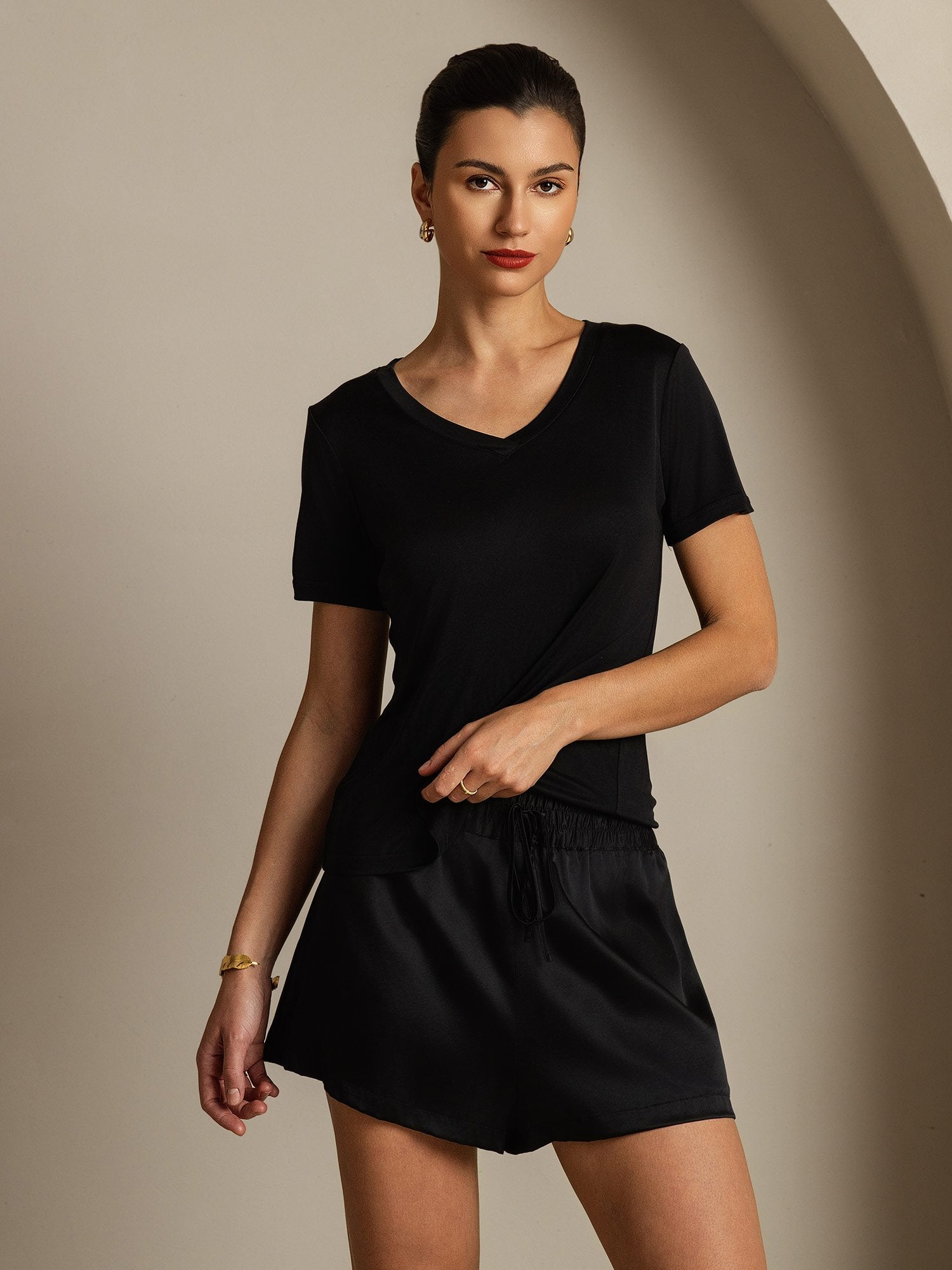 [Negro] SilkSilky-ES Seda Pura Cuello en V Camisetas de Mujer 003