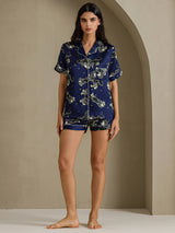 [León Azul Marino] SilkSilky-ES Short Sleeve Notch Collar Pijamas de mujer 007