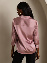 [Malva Pálido] SilkSilky-ES 3/4 Sleeve Lapel Collar Blusas de Mujer 002