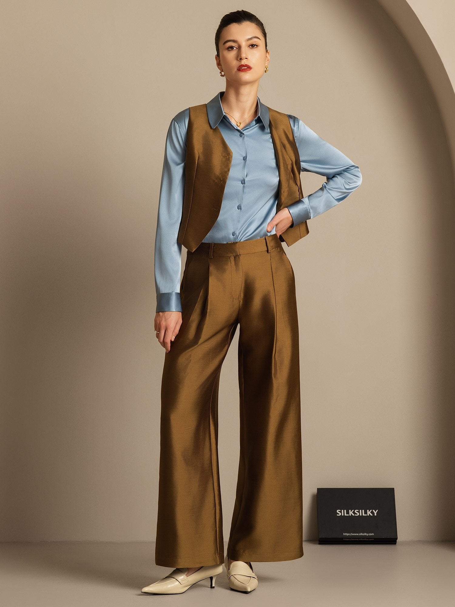 [Bronce] SilkSilky-ES 32Momme Silk-Wool Blend Cuello en V Chaleco Mujer 008,