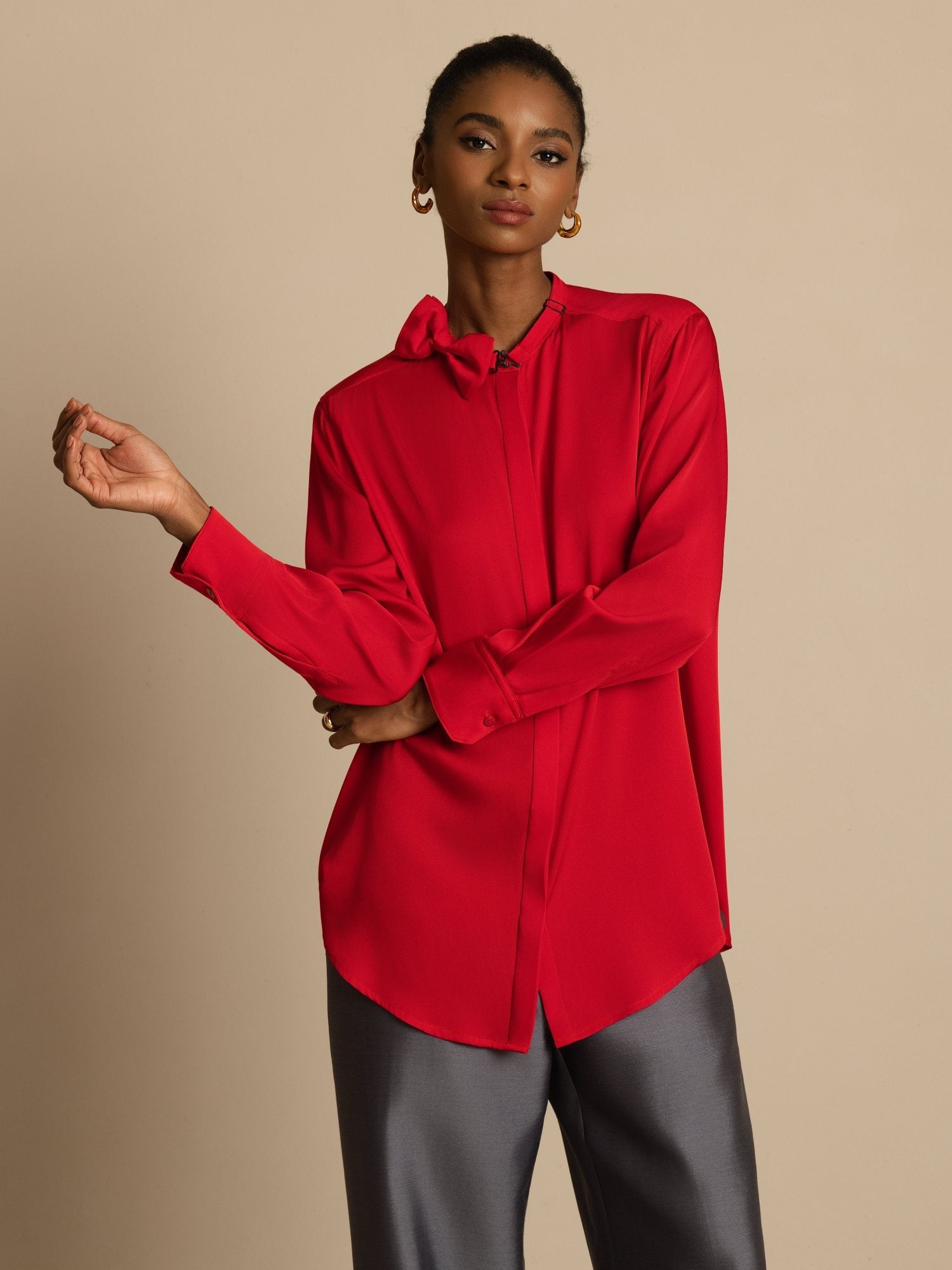 [Vino] SilkSilky-ES 19Momme Seda Manga larga Cuello Alto Blusa 003