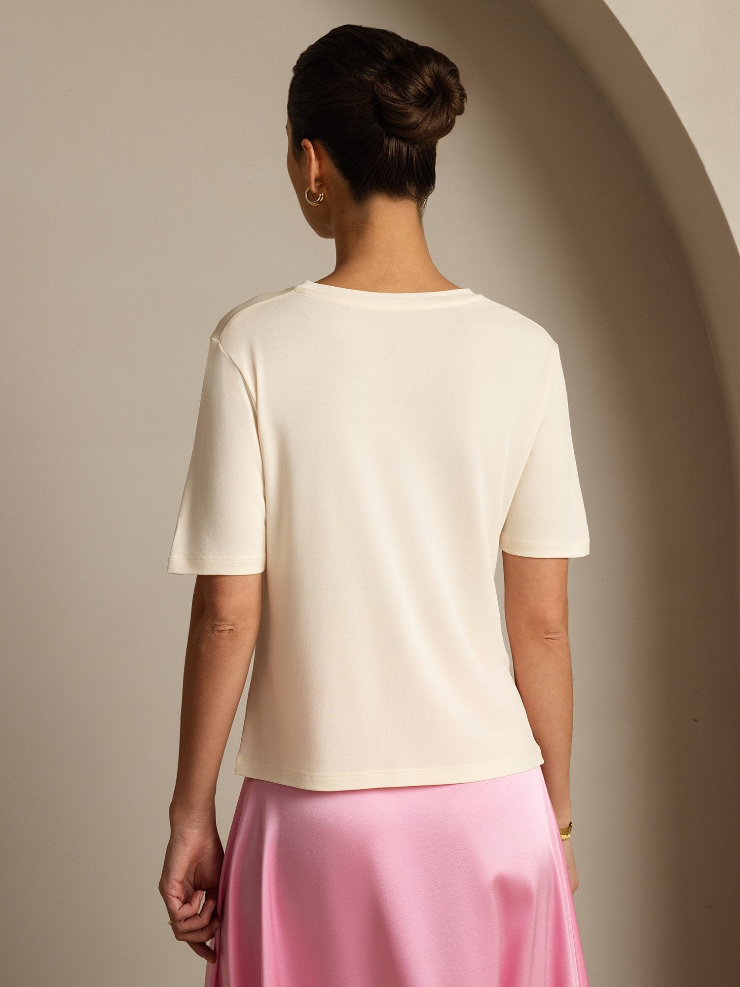 [Beige] SilkSilky-ES Seda Pura Cuello en V Camisetas de Mujer 002