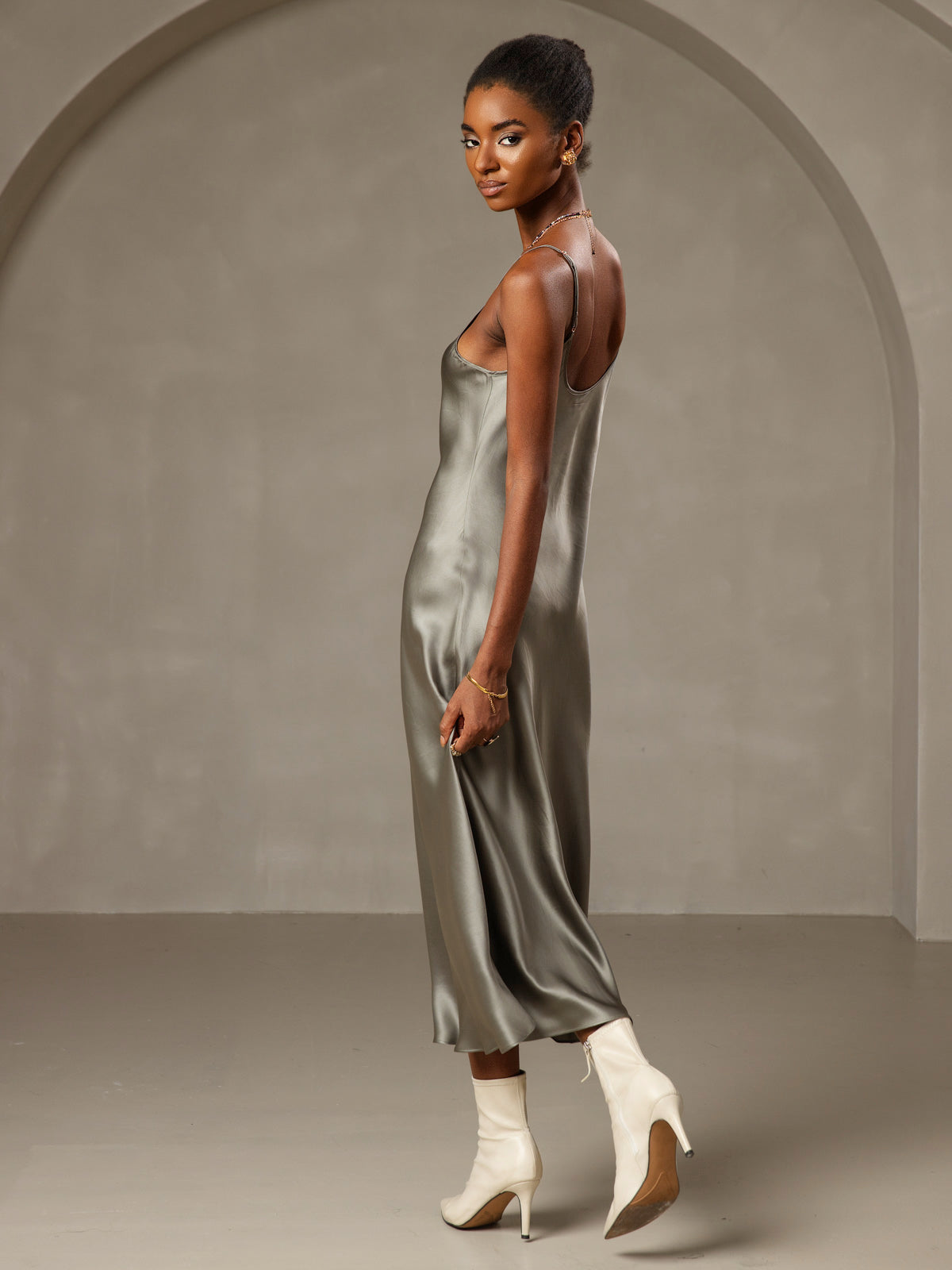 [Verde Grisáceo] SilkSilky-ES Seda Pura Dress 002,