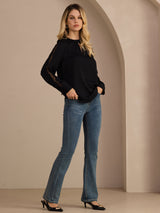 [Negro] SilkSilky-ES Long Sleeve Keyhole Neck Blusas 007