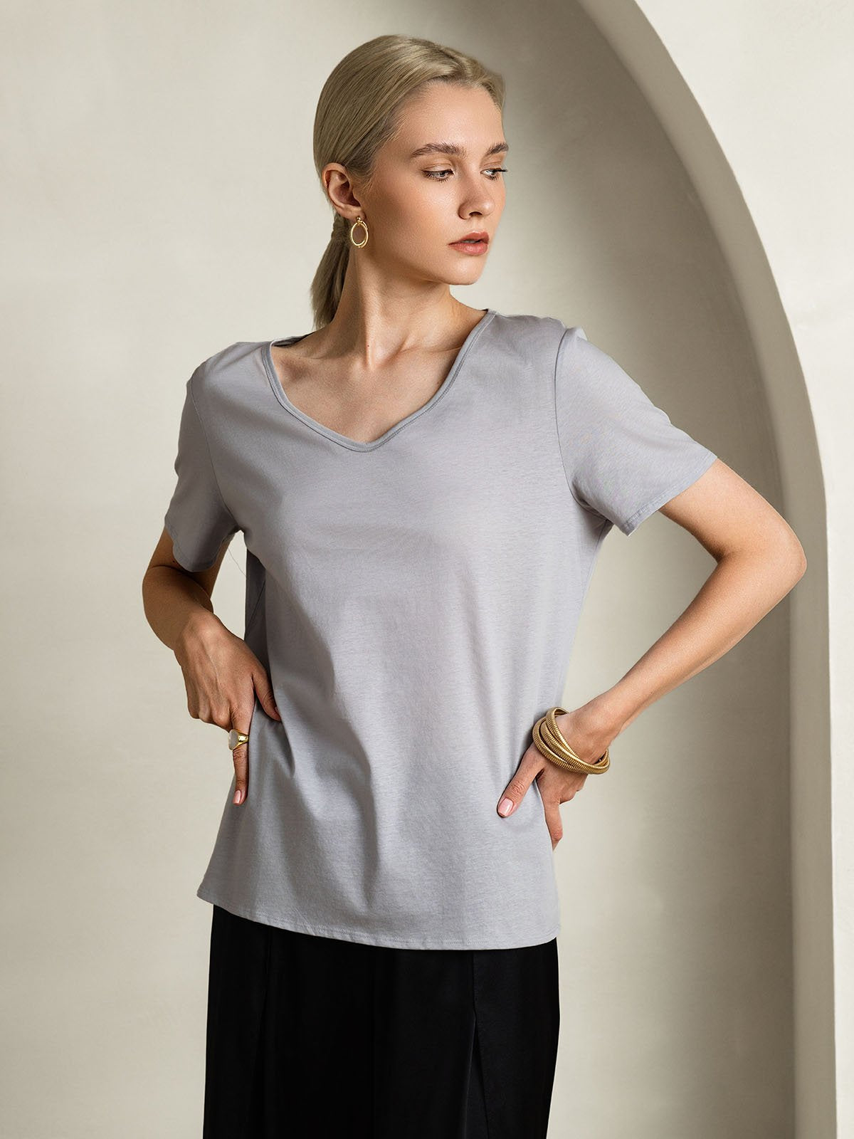 SilkSilky-ES Seda Manga corta Cuello en V Camisetas de Mujer Gris 004