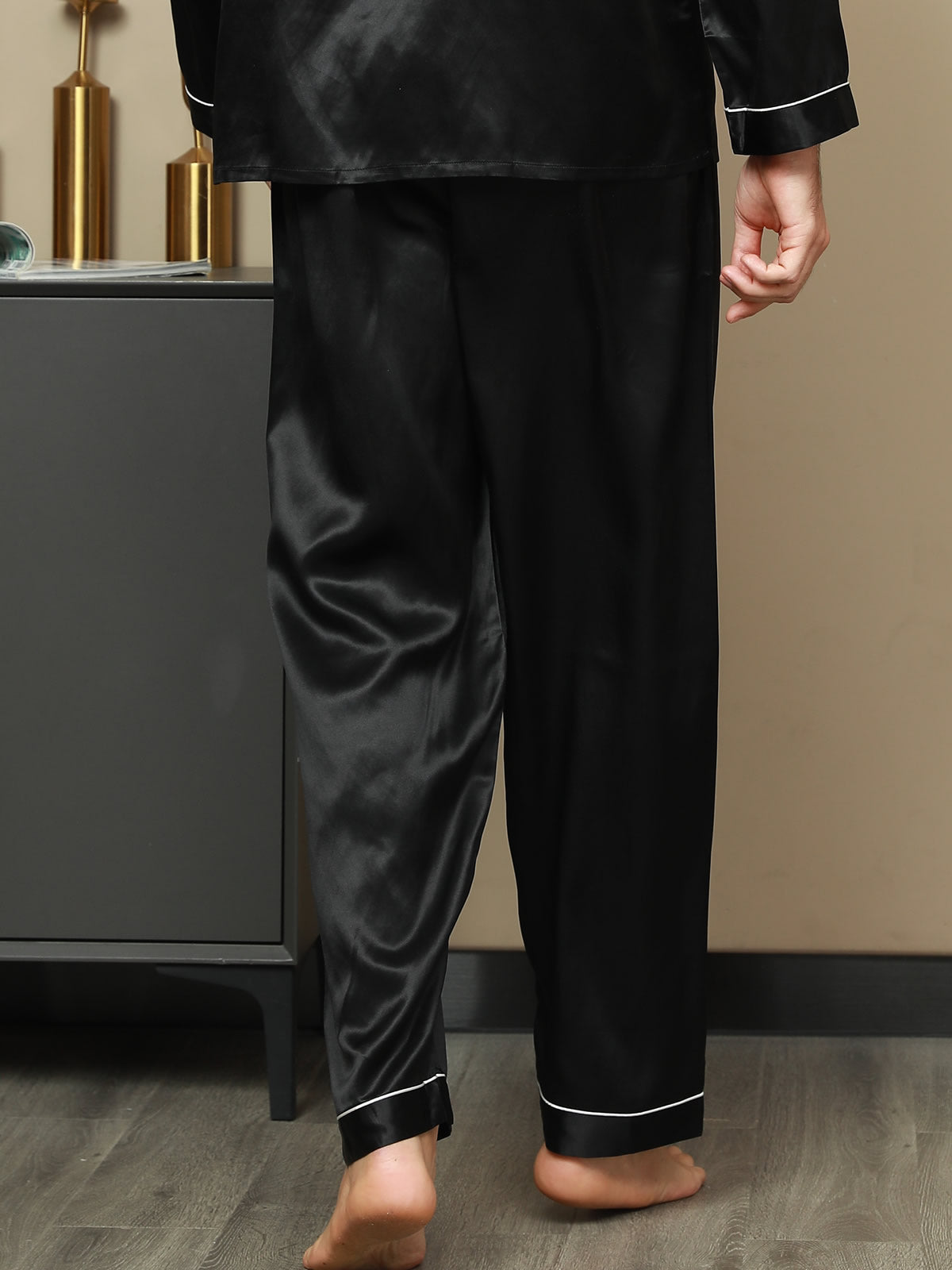 [Negro] SilkSilky-ES Seda Pura Mens Sleep Bottoms 002