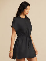[Negro] SilkSilky-ES 18Momme Manga Casquillo Cuello Henley Vestido 004
