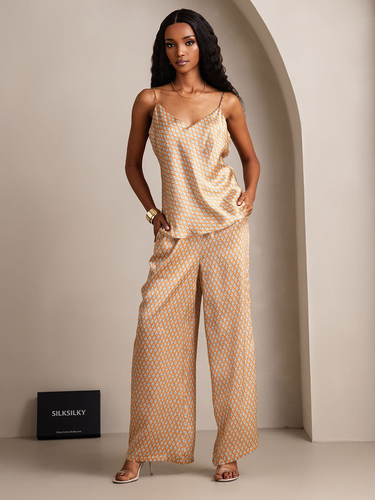 [Floral] SilkSilky-ES Seda Pura Cuello en V Conjunto de tirantes 001