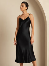 [Negro] SilkSilky-ES Spaghetti Strap V Neck Vestido 006