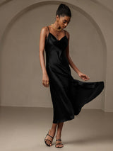 [Negro] SilkSilky-ES Spalline Sottili Cuello Drapeado Vestido 005