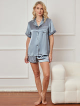 [Azul Acero] SilkSilky-ES Short Sleeve Lapel Collar Pijamas de mujer 003