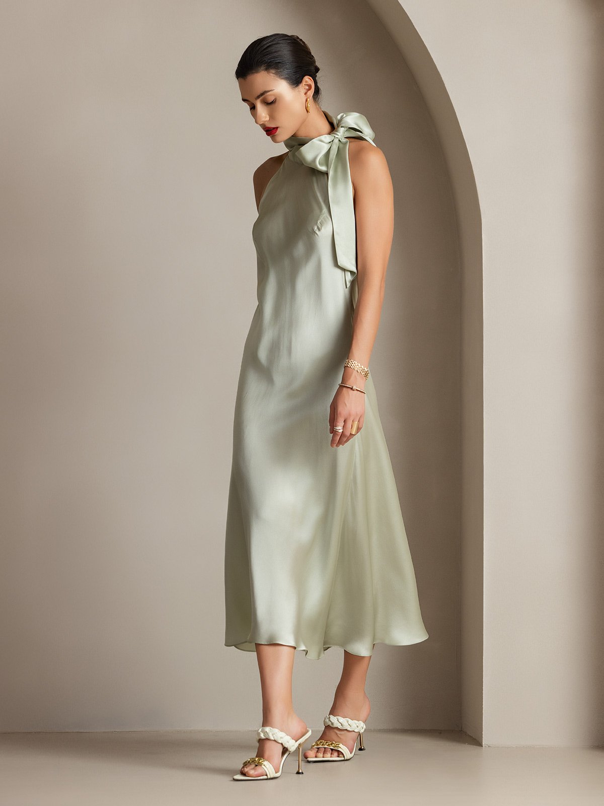 [Verde Claro] SilkSilky-ES 19Momme Seda Sin mangas Corbata Vestido 006