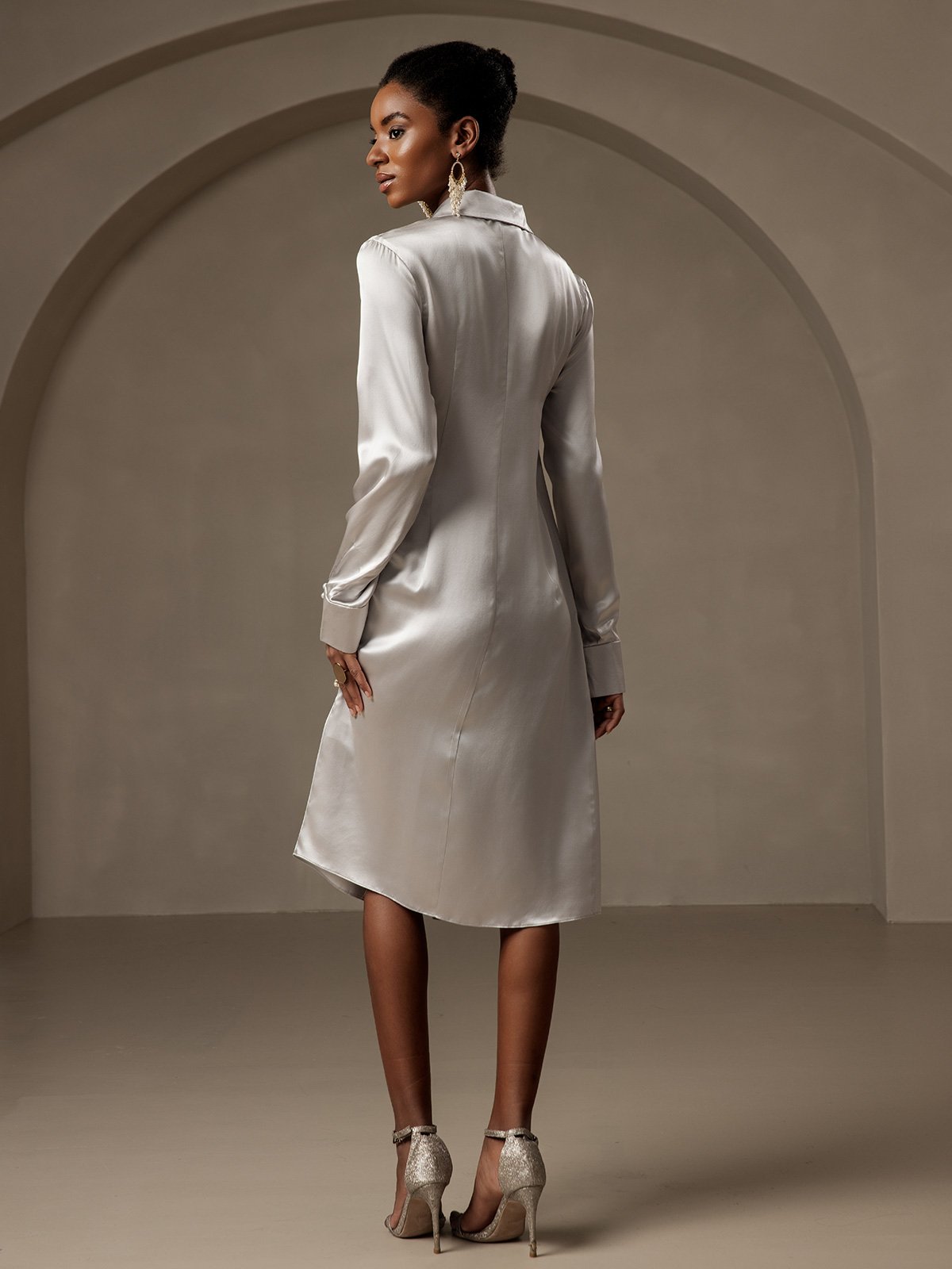 [Plata] SilkSilky-ES 19Momme Seda Cuello en V Vestido 002