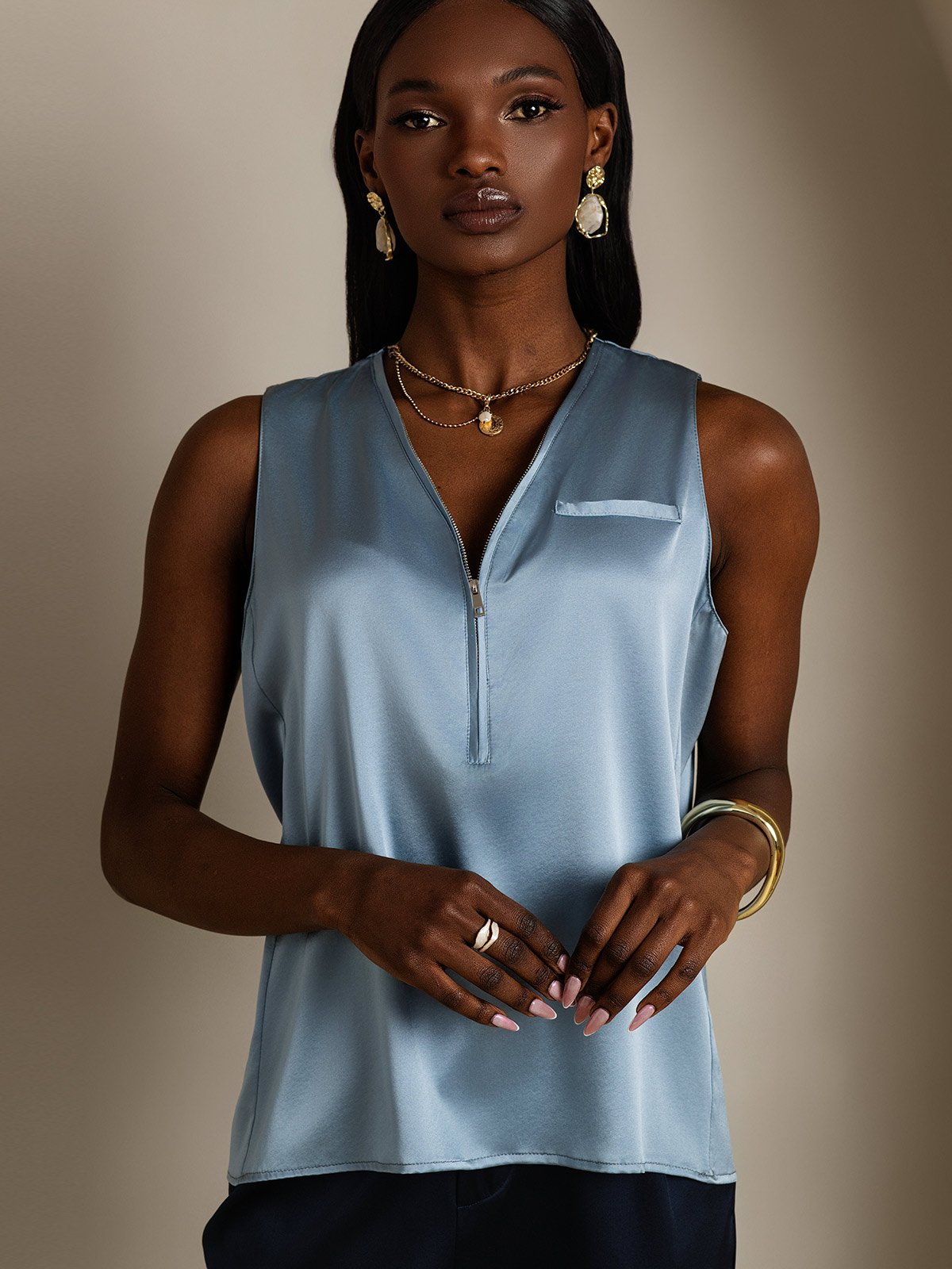 SilkSilky-ES 19Momme Seda Sin mangas Cuello en V Blusas de Mujer AzulGrisáceo 003