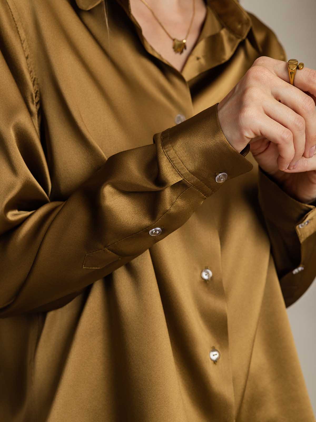 [Bronce] SilkSilky-ES Seda Lapel Collar Blusas de Mujer 004