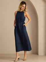 [Azul Oscuro] SilkSilky-ES Sleeveless Crew Neck Vestido 003